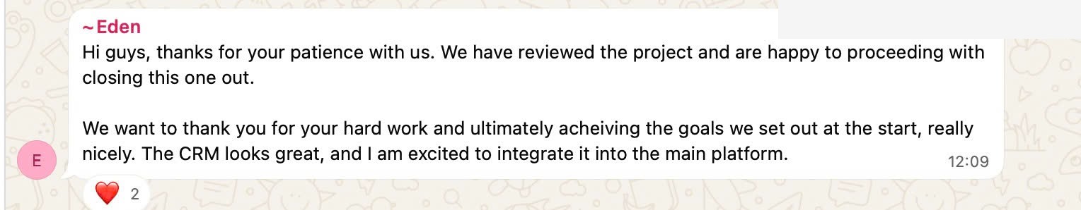 Client feedback via WhatsApp after CRM delivery