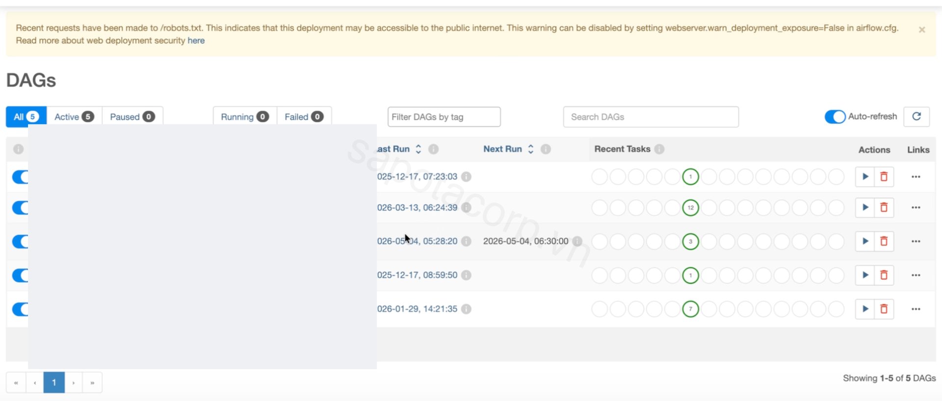 Apache Airflow DAGs view showing the active workflows: version check, scheduled ingestion, file submission reminder, dependency tests, and the SFTP-to-Gold scheduled promotion test