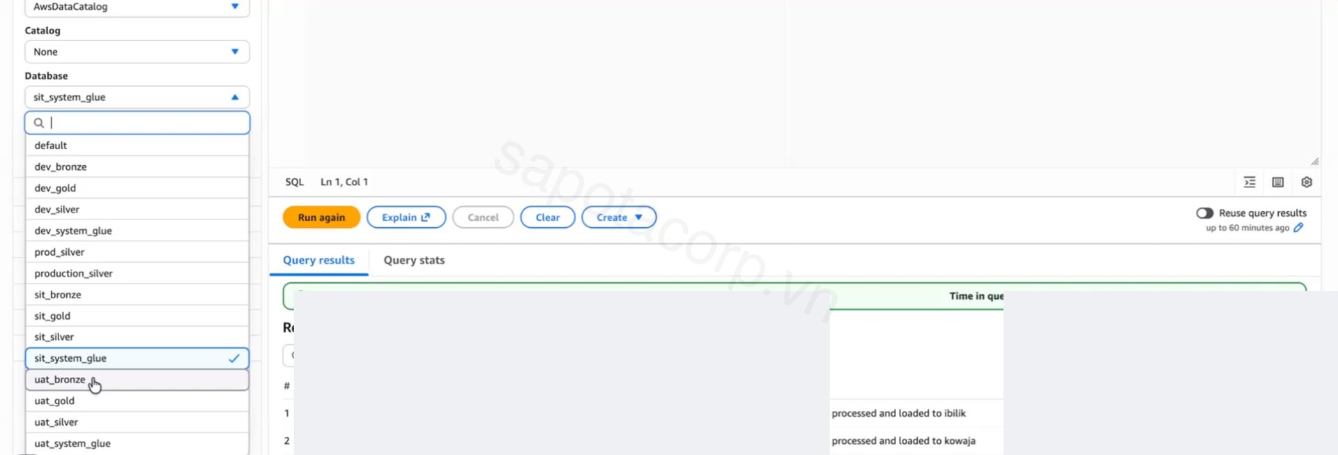 Amazon Athena query editor showing the catalog organized by environment and Medallion layer: dev_bronze, dev_gold, dev_silver, sit_bronze, sit_silver, sit_gold, prod_silver, production_silver, plus per-environment system_glue schemas for operational metadata; query results panel below shows clean_load events with success status
