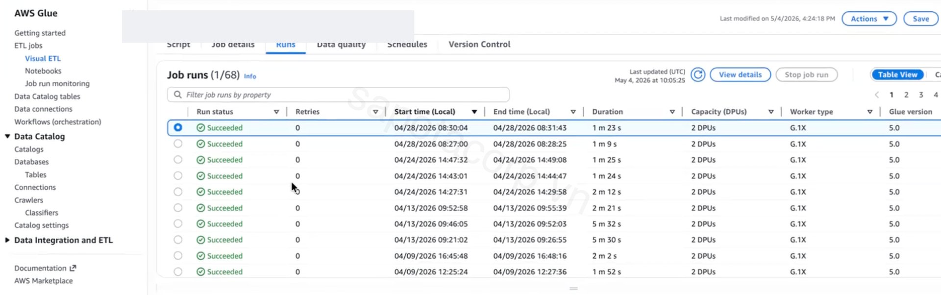 AWS Glue job runs view showing an SFTP-to-Bronze ingestion job: dozens of Succeeded runs over multiple days, consistent duration in the 1 to 3 second range per file, with Glue 5.0 and G.1X workers across 2 DPUs