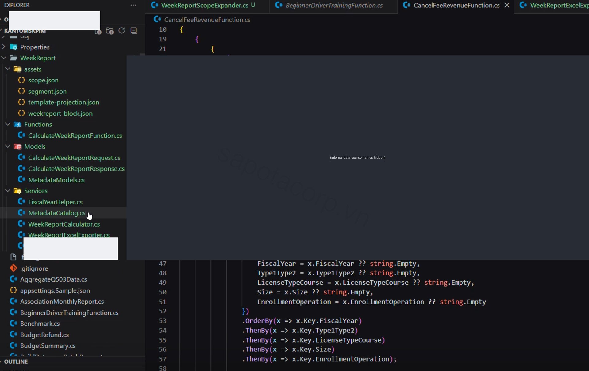 VS Code editor showing the Azure Function C# source: WeekReportScopeExpander, WeekReportCalculator, WeekReportExcelExporter services, plus calculation functions for the various report categories; the visible LINQ pattern groups normalized rows by fiscal year, type, course, size, and enrollment operation