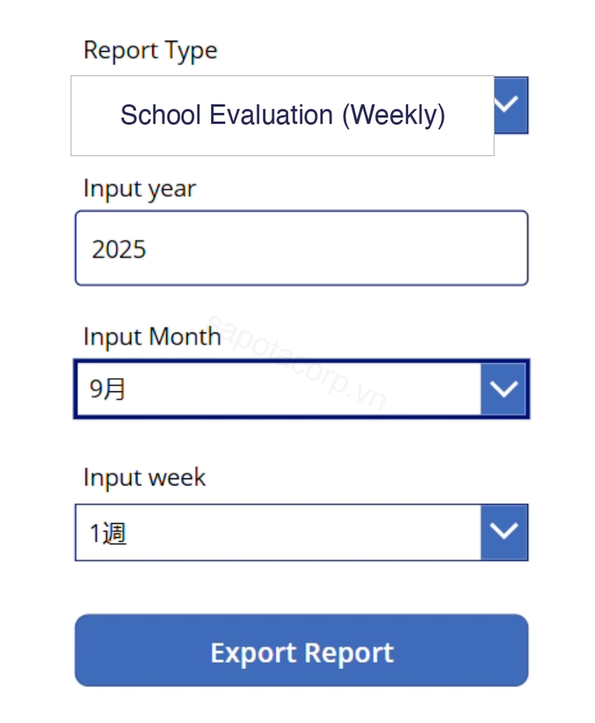 Power Apps canvas form for report export: a dropdown for Report Type (School Evaluation Weekly), input fields for fiscal year, month, and week, and an Export Report button that kicks off the full pipeline