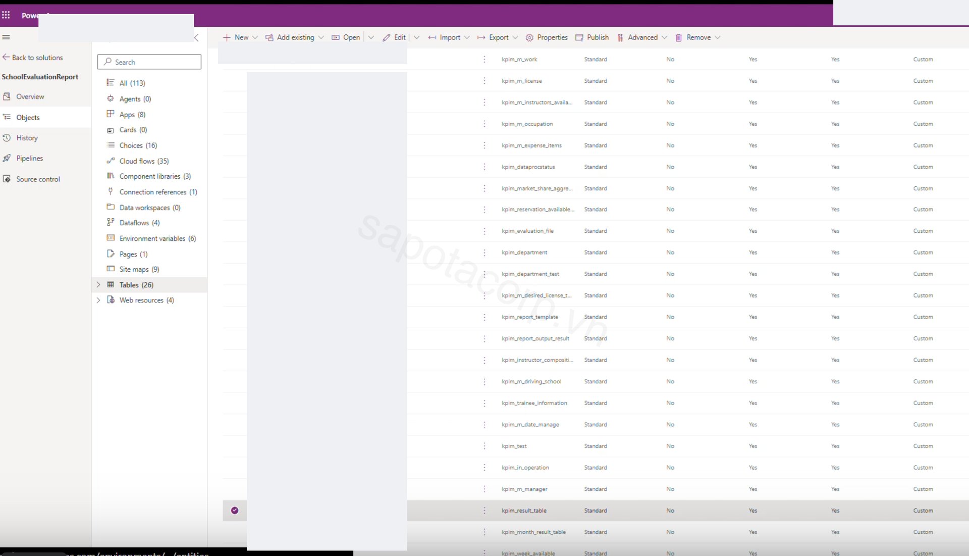 Continuation of the solution explorer showing additional Dataverse tables: result tables for aggregated reports, calculation status tracking, branch metadata, course exam tracking, instructor compensation, and the fiscal year master