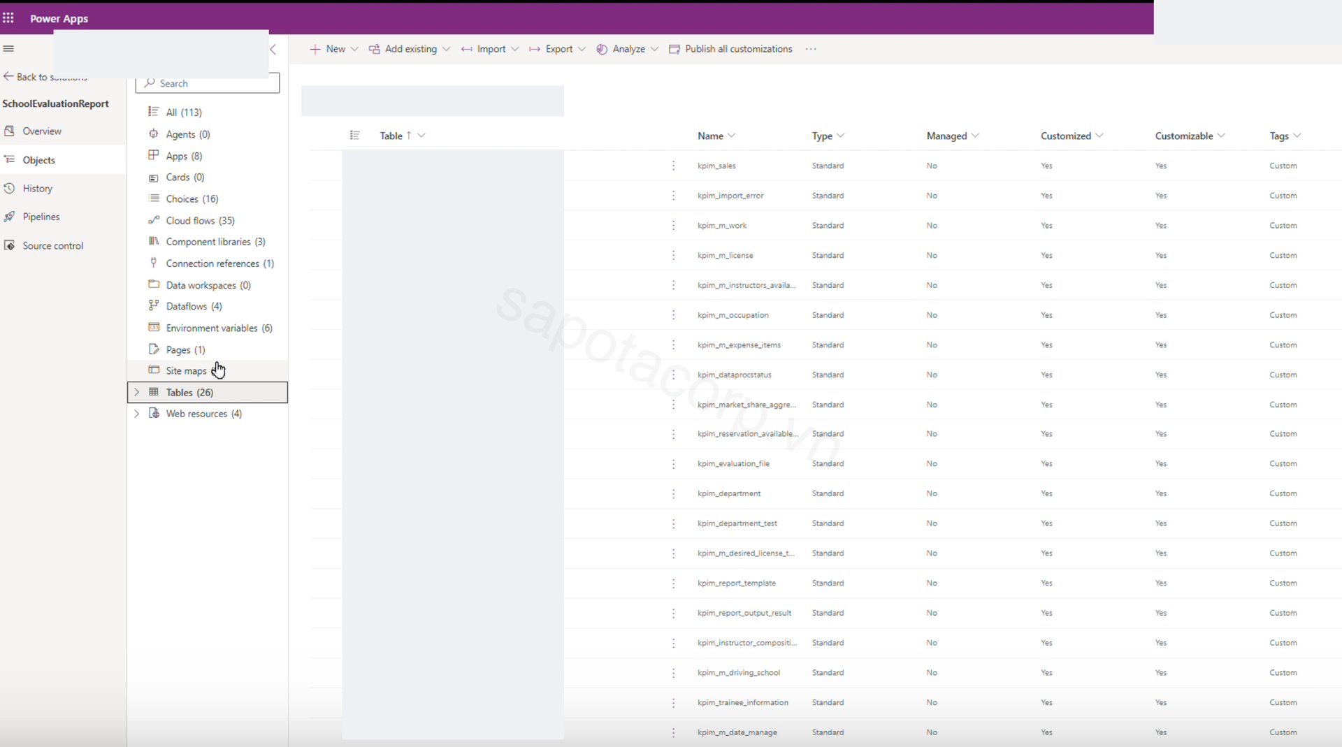 Power Apps solution explorer showing the 28-table data model: master tables (employee codes, course codes, branch reference), transaction tables (sales, cancellations, enrollment events, exam results), and the evaluation data file management table backed by Microsoft's KPI Management for Japan starter schema